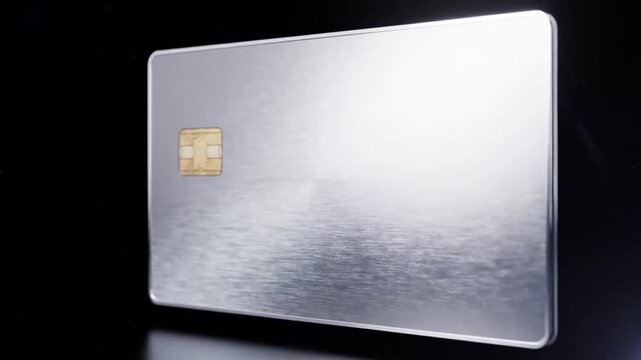 Metallic credit card rotates against a dark background displaying its chip and textured surface payment finance