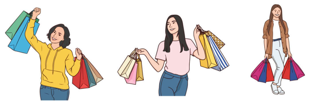 Happy Young Women Holding Colorful Shopping Bags Black Friday Retail Sale Concept Set Vector Illustration Isolated on White Background