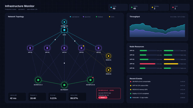 Server network topology monitor dashboard with real-time data and charts for web app