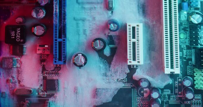 Paint spill. Circuit board. Defocused blue white color glitter water smoke metal texture pcie x1 on abstract electronic art background.