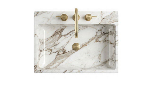 Top view of a luxurious marble bathroom sink with gold faucet and handles, isolated on transparent background