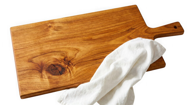 Wooden cutting board with a white kitchen towel isolated on transparent background