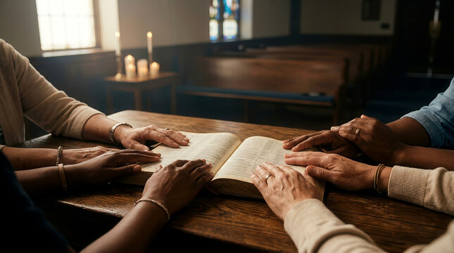 Diverse group of people placing hands on an open bible during a prayer meeting