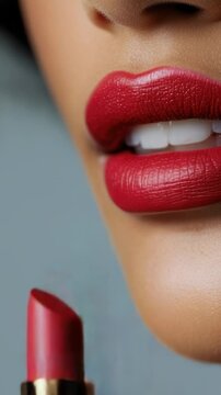 vertical video A close-up shot of a woman holding a lipstick in her mouth, perfect for beauty or cosmetics-related content