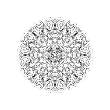 Intricate black baroque mandala pattern with swirling floral motifs isolated on a transparent background