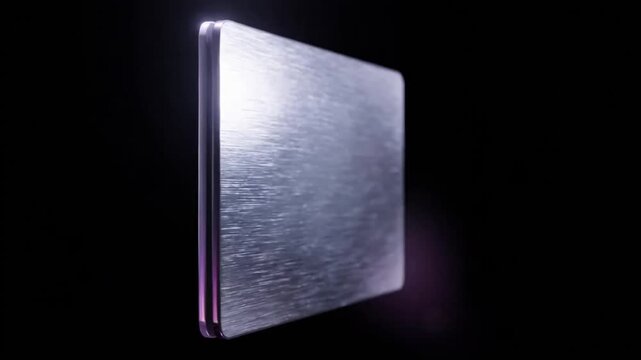 Metallic square rotates against a black background displaying iridescent color shifts rotation shifting surface texture brushed