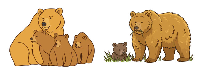 Brown Bear Family Set Mother Bear Sitting with Three Cute Cubs and Grizzly Bear Standing on Grass with Baby Cub Vector Illustration Isolated on White Background © Elementa Design