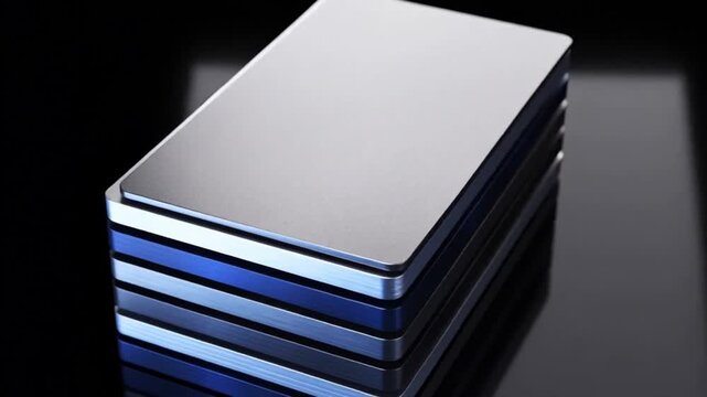 Dark server stack rotates slowly against a black background datacenter data computing technology hardware stacked layers