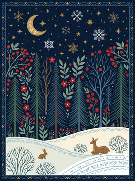 Cozy forest scene under a starry, snowy night. Golden moon glows above snowy trees. Red berries cling to evergreens in quiet beauty. Deer rests peacefully on snowy hillside. Squirrel scurries nearby