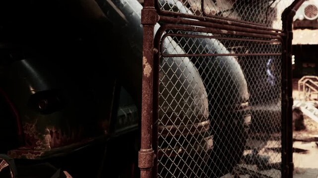 Intriguing scene of a rusty fence surrounding large industrial pipes against a backdrop of urban decay. An inviting atmosphere invites curiosity and exploration in this hidden corner.