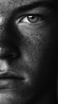 vertical video Close-up shot of a person's face showing freckles, suitable for use in personal or commercial projects