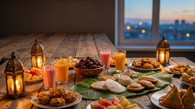 Abundant iftar food spread with dates and sherbet on a rustic table at dusk