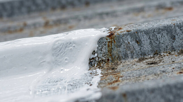 Close-up of thick white silicone elastomeric roof coating being applied over a rusted corrugated metal sheet, showing waterproofing, corrosion protection, sealant texture, and industrial maintenance