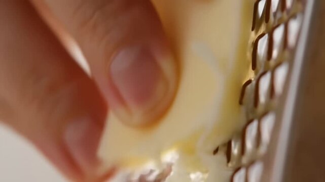 Slow motion close up shot of hand grating cheese on metal box grater over kitchen counter