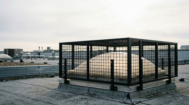 A commercial flat roof featuring a translucent acrylic dome skylight protected by a heavy-duty black metal safety cage railing against an overcast grey sky during daylight hours in an industrial