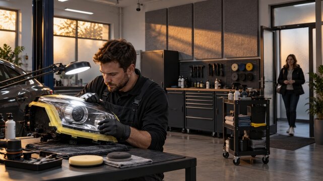 Technician restoring car headlight in professional workshop