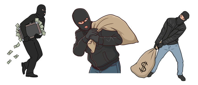 Thief Burglar Robber Set Masked Criminal Running with Money Suitcase Sack and Dollar Bag Vector Illustration Isolated on White Background