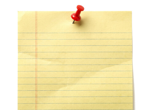 Yellow lined paper sheet with red push pin for important notes reminders planning and school office stationery.