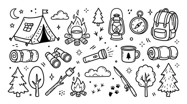 Minimalist camping icons set, hand-drawn outdoor adventure doodles, black and white line art for hiking and forest camping equipment