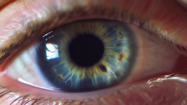 Macro tracking shot of human eye showing pupil dilation and iris detail in studio close up medical diagnostic setting