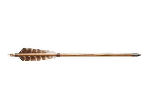 Traditional wooden archery arrow with brown feathers and metal tip for hunting and target shooting activities.