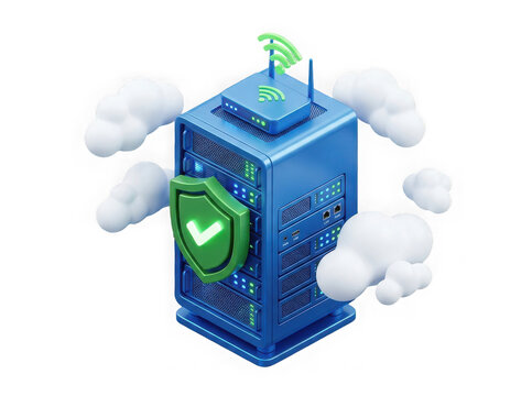 3D isometric blue server tower with a green security shield icon and white clouds for cloud computing and data protection technology isolated on transparent background