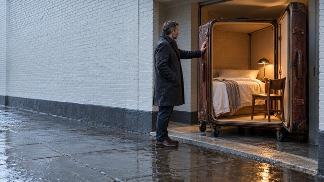 Man Meets A Room-Scale Suitcase At Shelter Entrance for Social Impact