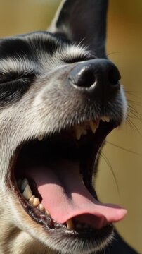 vertical video A close-up shot of a dog's face with its mouth open, ready to bark or whine