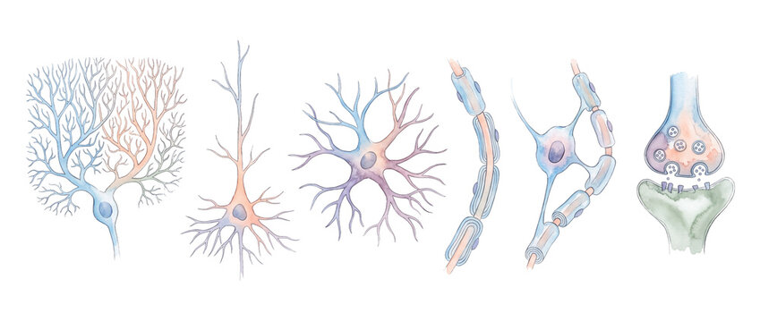 Watercolor neuron synapse nerve cell medical illustration isolated on black background showing dendrites axons myelin sheath and brain biology concept for neuroscience education and anatomical study.