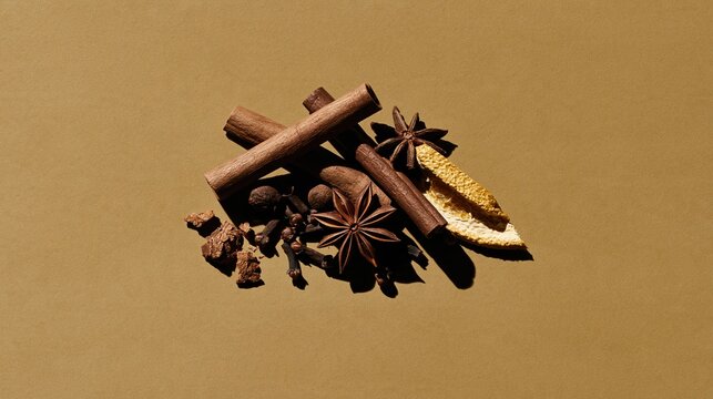 Whole spices including cinnamon sticks and star anise on a saffron background with hard shadows, ideal for culinary and aromatic copy space