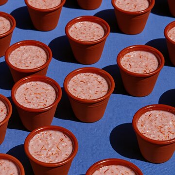 Terracotta clay cups of creamy kheer with saffron threads arranged in a pattern on an indigo background for festive food and cultural celebrations