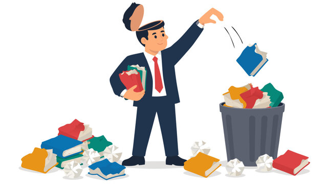 Businessman with open head throwing crumpled books into trash bin surrounded by discarded books concept of forgetting knowledge brain drain and mental decluttering vector illustration flat