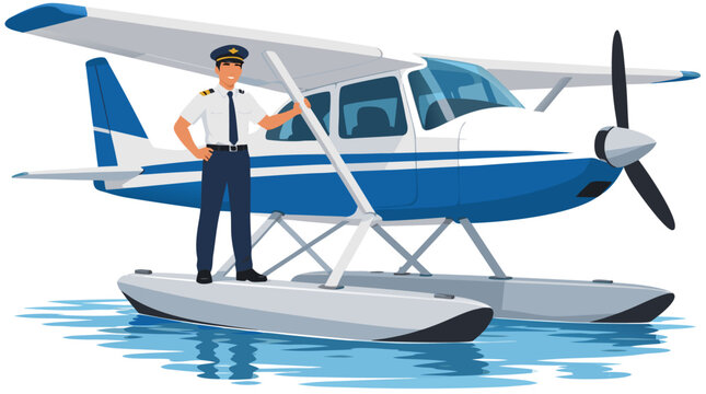 Smiling pilot in uniform standing on pontoon of blue and white seaplane floating on calm lake water, flat vector illustration of adventure travel and aviation tourism concept on white background