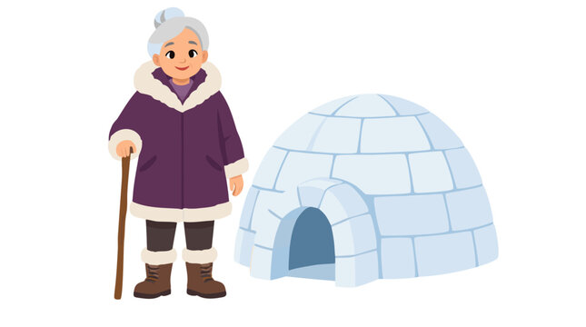 Cheerful senior Inuit elderly woman in purple winter parka with cane standing beside small blue ice block igloo on snowy plain, flat vector cartoon illustration isolated on white background