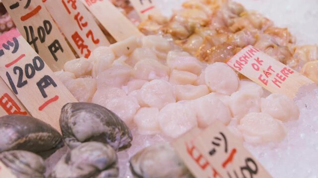 Scallop meat is grouped over crushed ice beside closed ribbed shells and handwritten price cards, with orange shellfish portions behind the white pieces in a chilled market display in slow motion.