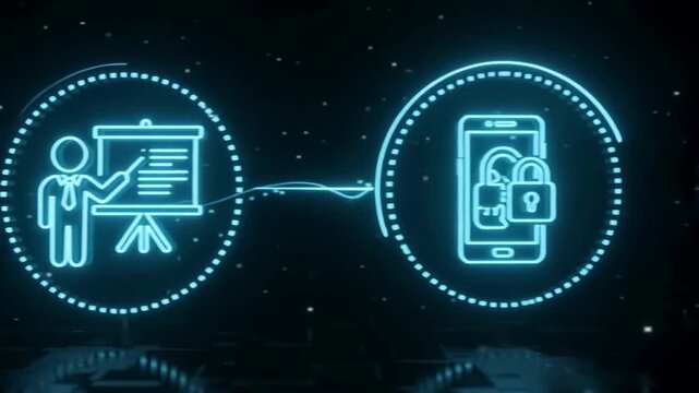 Digital marketing consumer journey animation with neon icons illustrating social shopping retail sales process on dark blue technological background.