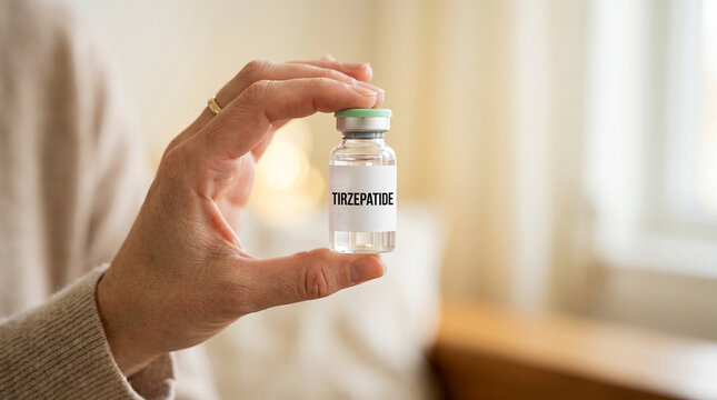 Close-up of a hand holding a vial with a white label indicating "TIRZEPATIDE", representing pharmaceutical treatment or medical research