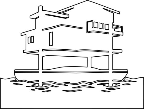 Elevated house on stilts above flood water minimal line art vector illustration