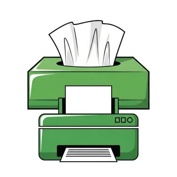 A green printer with paper sheets spilling out of its top tray