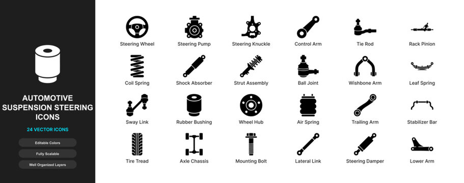 Automotive Suspension Steering Icon Set Flat Vector Shock Absorber Chassis Control Arm Car Mechanic