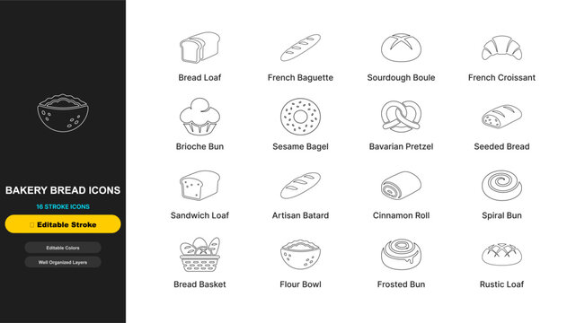 Bakery bread line icon set with editable stroke. French baguette, sourdough boule, french croissant, brioche bun, sesame bagel, pretzel for web ui design.