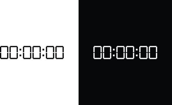 Digital timer display 00:00:00 in segment style numbers, black on white and white on black