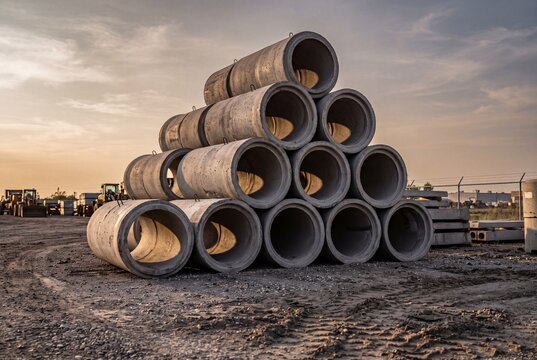 Precast concrete culvert pipes stacked at an outdoor construction yard, ready for civil engineering infrastructure projects, drainage pipe installation, or municipal sewer system development