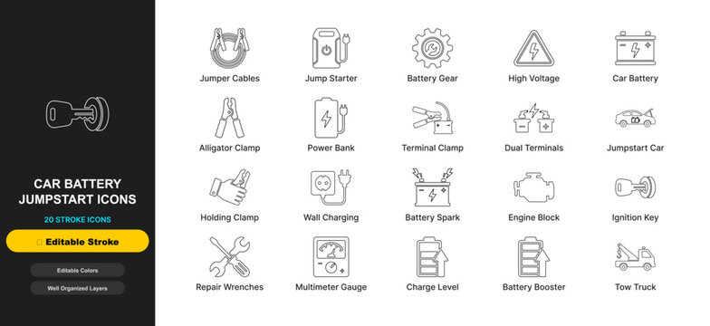 Car battery jumpstart line icon set with editable stroke. Jumper cables, jump starter, battery booster, terminal clamp, battery spark, multimeter gauge for web ui design.