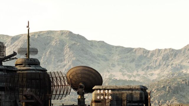 An ancient outpost nestles at the foot of majestic mountains, illuminated by the soft dawn light. Structures with intricate designs hint at a long lost era of technology and exploration.