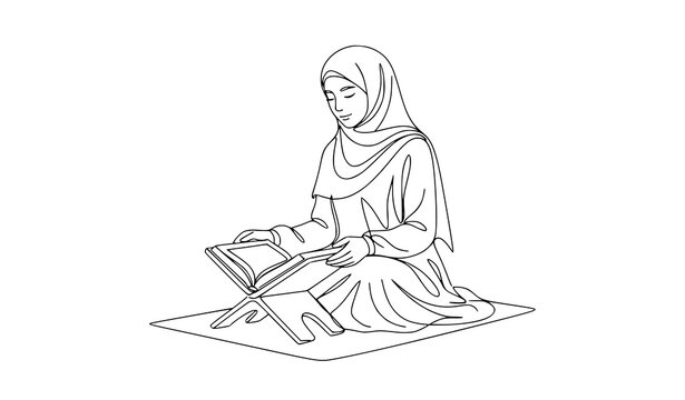 Continuous line drawing of Muslim woman reading Quran in modest hijab for Islamic worship and religious education vector illustration