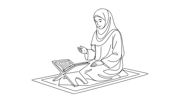 Muslim woman reciting Quran continuous line art vector illustration with modest hijab and Islamic worship concept isolated on white background