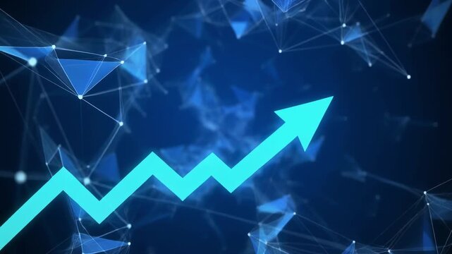 Blue arrow graph ascending during digital network plexus background with subtle light flares