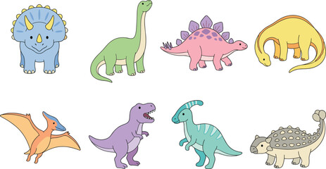 Prehistoric dinosaur collection with various species and vibrant colors for kids posters © MstRina