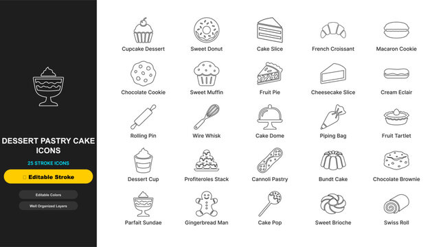 Dessert pastry cake line icon set with editable stroke. Cupcake dessert, sweet donut, cake slice, french croissant, macaron cookie, fruit pie for web ui design.